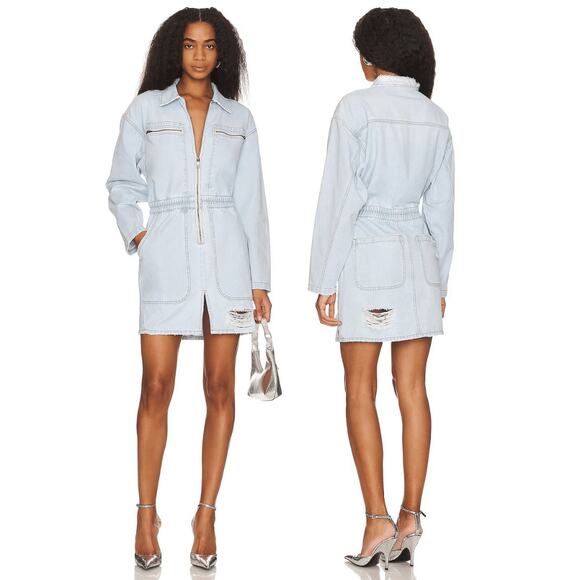 One Teaspoon Olivia Jean Dress Zipper Front Slit Distressed Blue Latte Size M - Picture 1 of 16